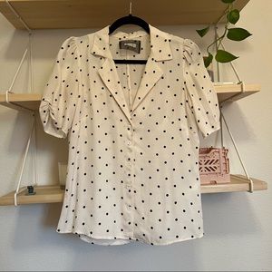 Reformation White/Cream with Black Polka Dot Button Up Collared Blouse